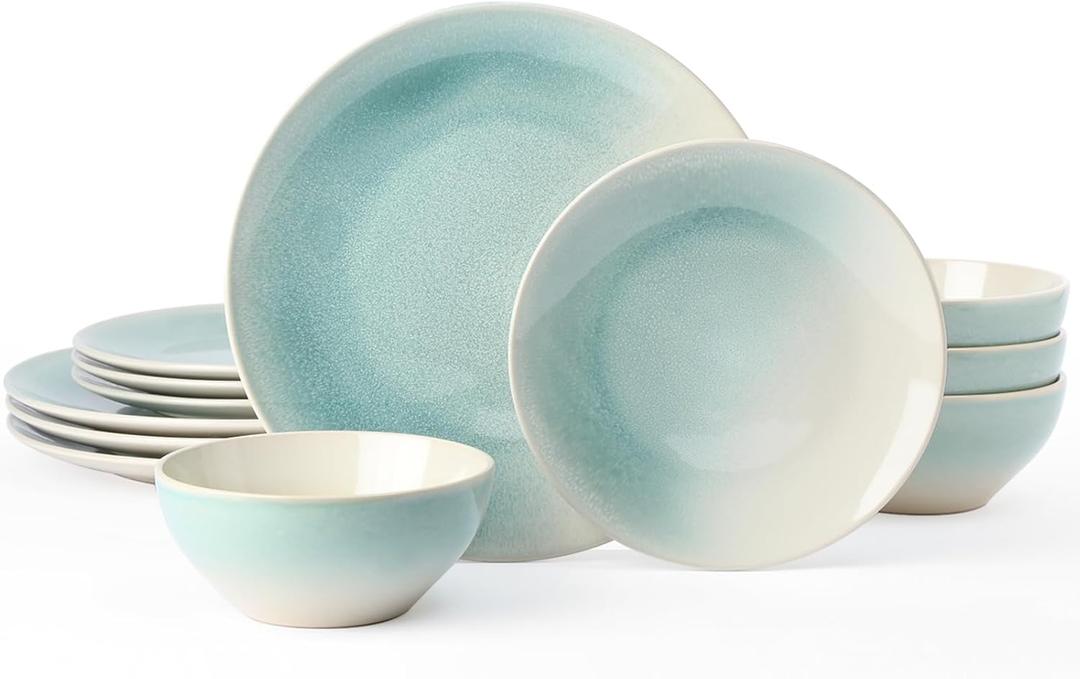 Famiware Glacier Stoneware Dinnerware Sets, Plates and Bowls Sets, 12 Pieces Kitchen Dishes Set for 4 - Dishwasher and Microwave Safe, Chip and Scratch Resistant, Aqua