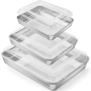 P&P CHEF Stainless Steel Baking Pan with Lid, Rectangular Cake Pans, Sheet Pan Bakeware for Baking Lasagna Brownies, 2-Inch Deep Side & Heavy Duty, Easy to Store & Clean (9.4" + 10.5" + 12.3", 6Pcs)