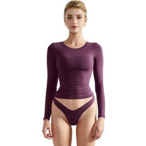SUUKSESS Women Double Lined Fitted Basic T Shirts Crew Neck Long Sleeve Crop Top (Small, Plum)