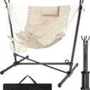 Hammock Chair with Stand Included Hanging Chair Macrame Boho Handmade Adjustable Swing with Headrest and Side Pocket Indoor Outdoor Patio Yard Garden Porch 450lbs Capacity(White)