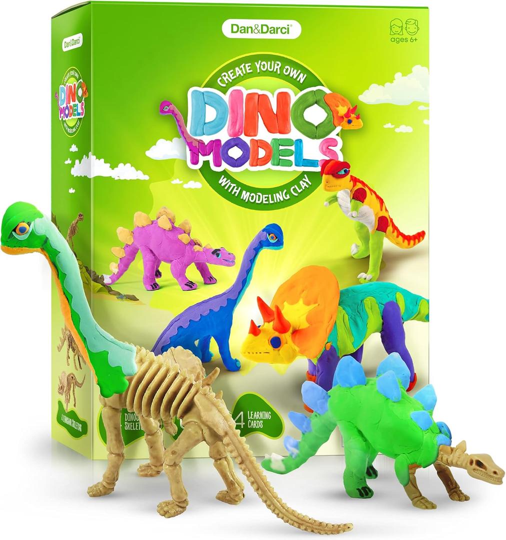Dan&Darci Dino Models, Clay Craft Kit  Dinosaur Arts and Crafts for Kids  Birthday Gifts for Boys & Girls  Build 4 Dinos with Air Dry Magic Modeling Model Set Ages 3, 4, 5, 7, 8+ Boy or Girl