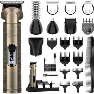 Hatteker Beard Trimmer Kit Professional Hair Clipper Zero Gapped T-Blade Electric Razor Shaver for Nose Ear Body Face Mustache Trimmer for Men Cordless Grooming Kit 8 in 1 (Bronze)