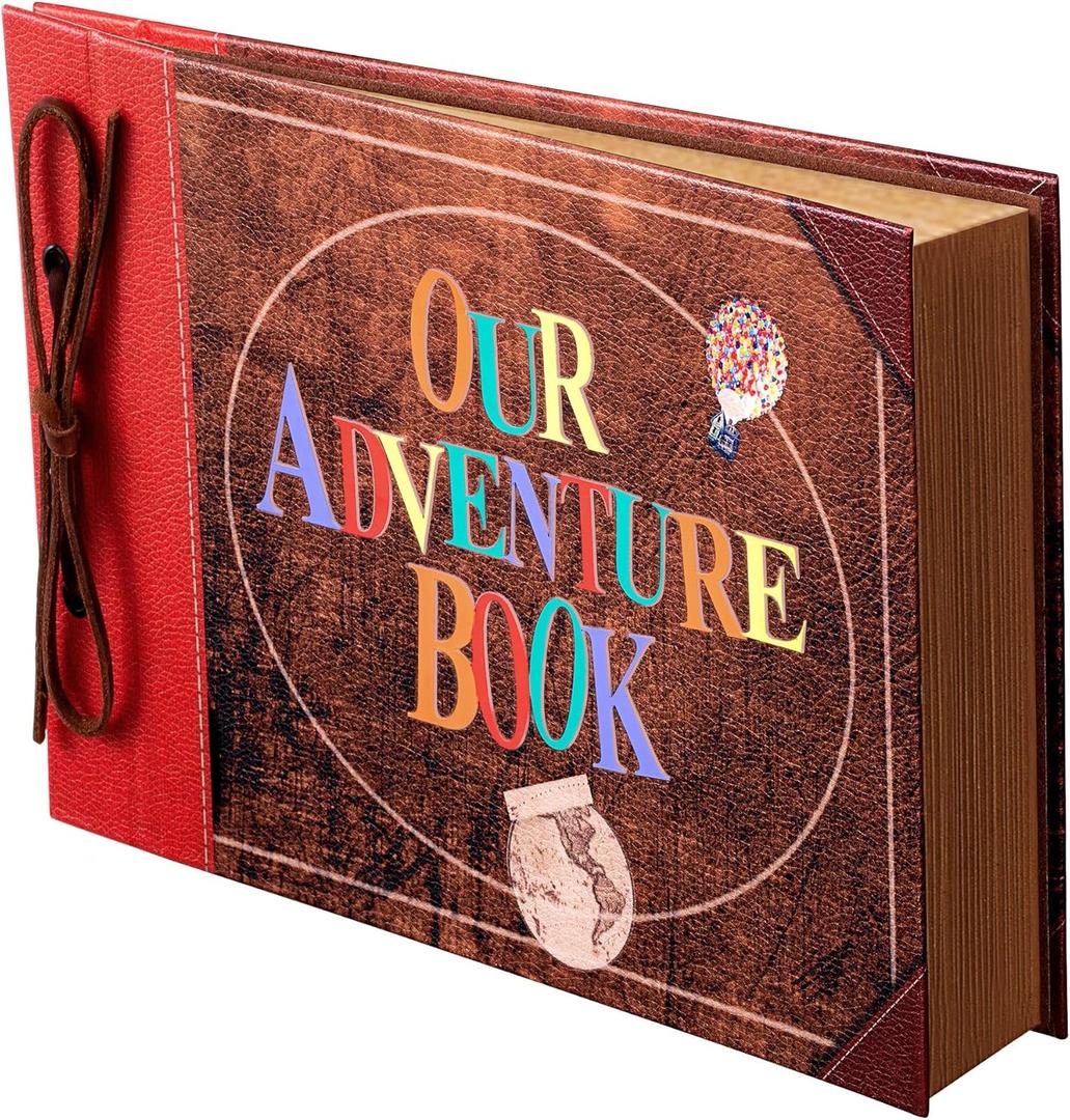 Scrapbook Photo Album,Our Adventure Scrap Book, Embossed Words Hard Cover Movie Up Travel Book for Anniversary, Wedding, Travelling, Baby Shower, etc (Leather Adventure Book)