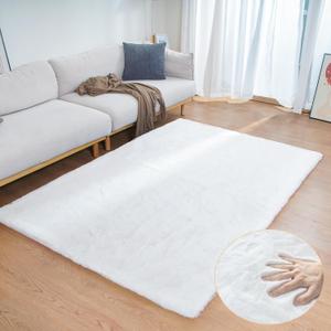 White Faux Rabbit Fluffy Fur Area Rugs for Bedroom Living Room Machine Washable Shag Rug 4x6 Nursery Rug Teen Room Decor