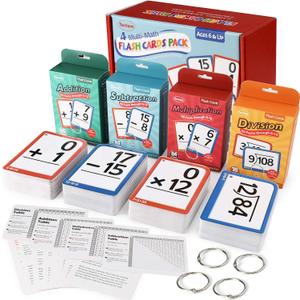 Torlam Multi Math Flash Cards for Kids Ages 4-8 - Addition, Subtraction, Multiplication, & Division - All Facts 0-12 with 4 Rings, Math Games for Kids 6-8 3rd 4th 5th 6th Grade - 332 Cards Total