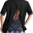 Verdusa Women's Plus Size Lace T Shirts Short Sleeve Asymmetrical Tops Loose Fit Going Out (Black)