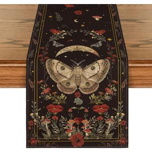 Artoid Mode Poppy Moth Mushroom Moon Fall Table Runner, Seasonal Autumn Kitchen Dining Table Decoration for Home Party Decor 13x120 Inch (Black)