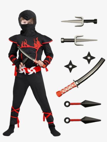 Kids Ninja Costume with 7 Safe Plastic Weapons, Boys Halloween Cosplay Outfit M