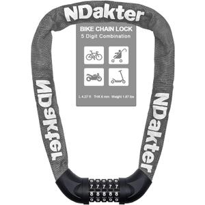 NDakter Bike Chain Lock, 5 Digit Combination Heavy Duty Anti Theft Bicycle Chain Lock,4.27 Ft Long Security Resettable Bike Locks for Bike, Bicycle, Scooter, Door, Gate, Fence-6mm Thick (Gray)