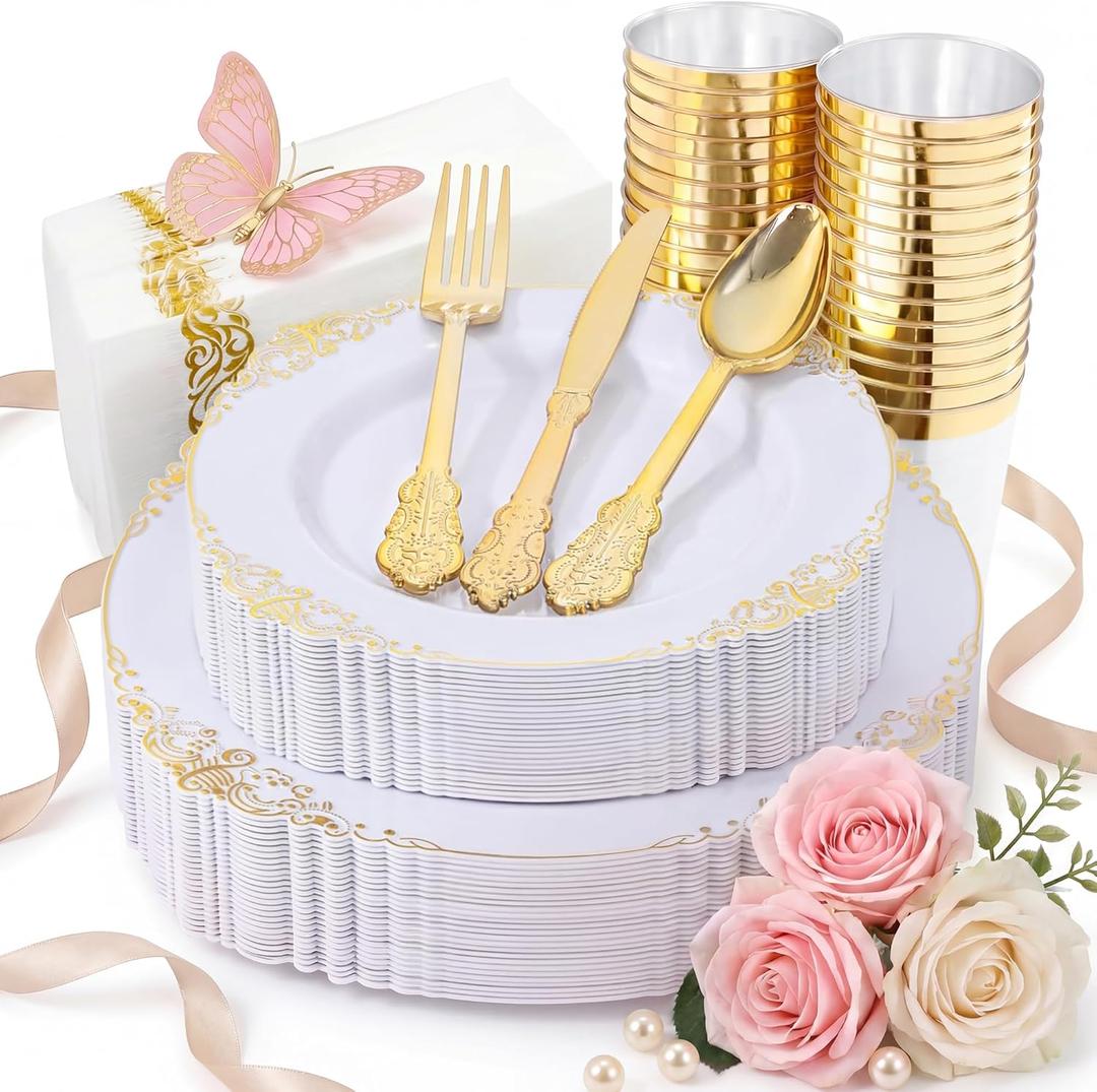 Nervure 175PCS White and Gold Plastic Plates - Disposable Dinnerware Set Include 50 Gold Plates for Dinner and Dessert, 75 Cutlery, 25Cups 25Napkins for Wedding & Party & Mothers Day