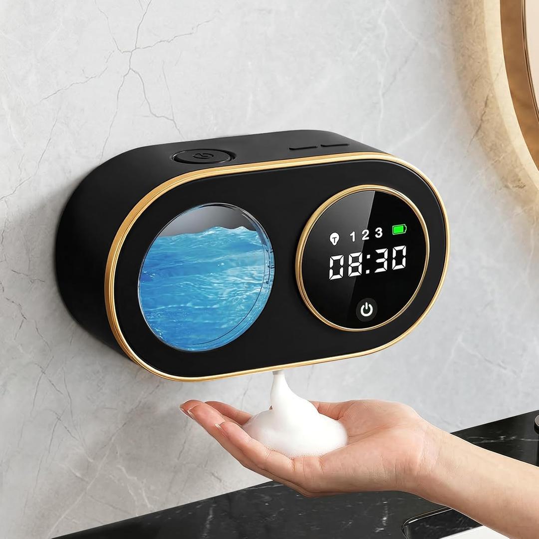 Automatic Soap Dispenser, 320ML Touchless Smart Hand Soap Dispenser, 3 Adjustable Soap Levels, Rechargeable Wall Mounted Electric Foam Soap Dispenser for Bathroom Kitchen Office (Black - T1)