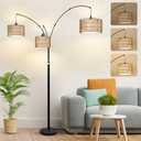 Airposta Black Arc Floor Lamps for Living Room, Farmhouse Boho Floor Lamp for Bedroom, Industrial Standing Lamp for Office, Dimmable Tall Lamp with Rattan Lampshades, Reading Arched Light