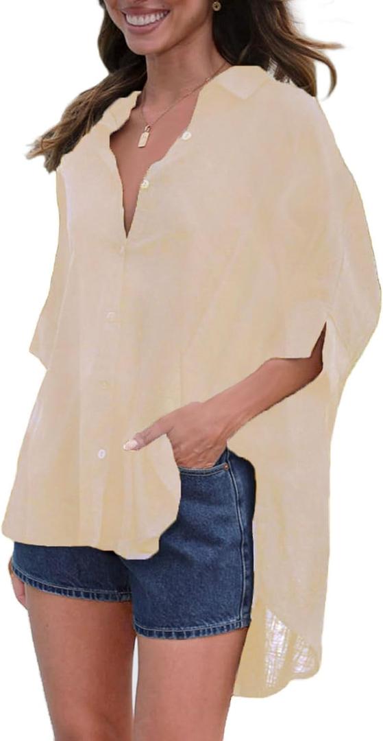 Fashionme Oversized Button Down Shirts for Women 3/4 Sleeve Flowy Ladies Tops Blouses High Low with Slits (Small, Khaki)