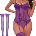 Sexy Corset Scallop Floral Lace Mesh Sheer Garter Stockings Lingerie Set 3 Piece (Large, Purple Red)