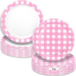 32 Pcs Pink Gingham Party Plates - 7 Inch Checkered Plaid Dessert Plates Disposable Pink and White Paper Plate - For Picnic BBQ Birthday Dinner Party Supplies