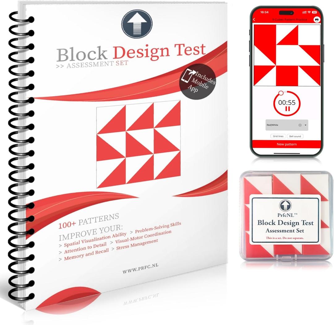 PrfcNL Bundle for IQ Test Practice and Prep for BDT, WISC, WPPSI, WAIS with 100 Patterns, Mobile App, 3D Blocks and Manual, Montessori Educational Set to Improve Concentration, Coordination and Memory