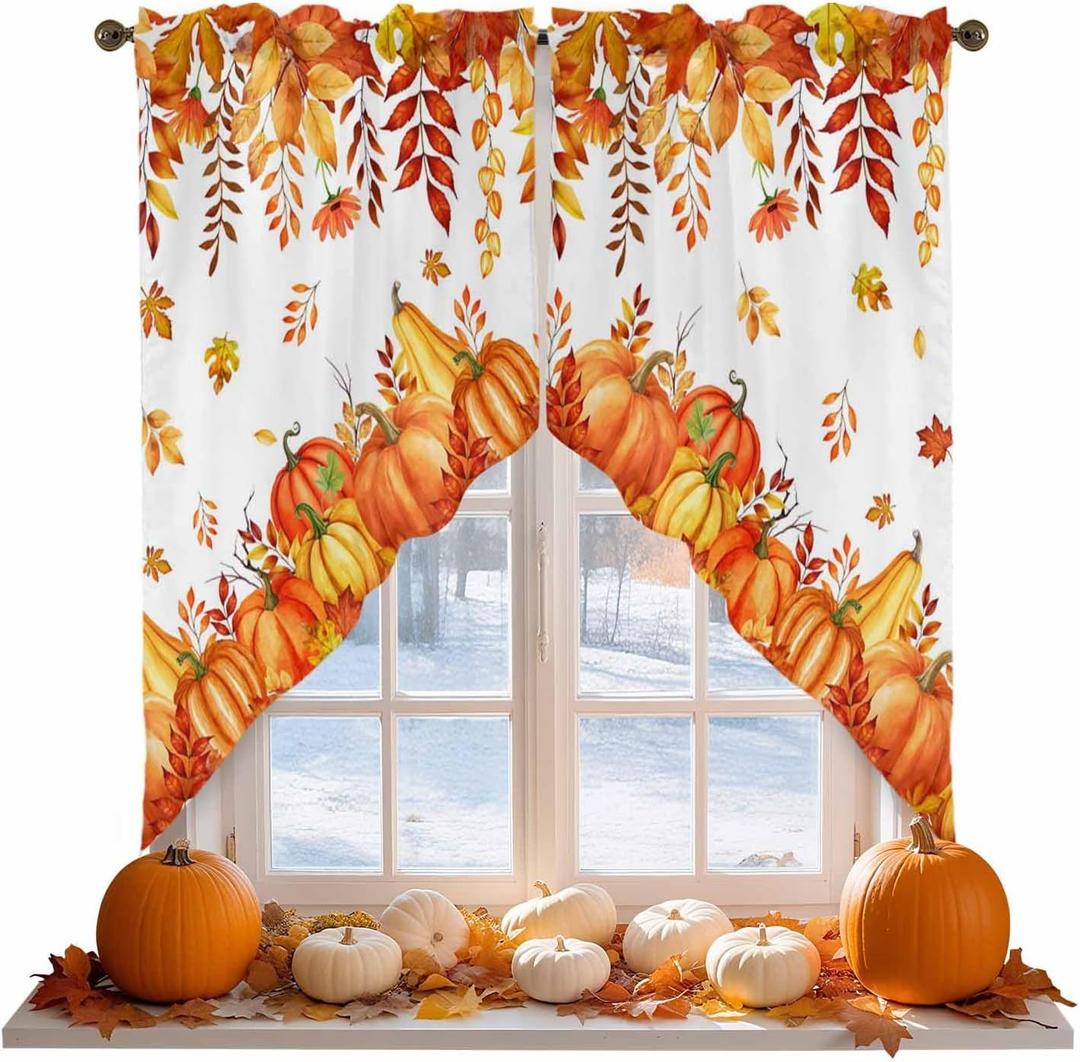 Thanksgiving Swag Curtain Valances,Pumpkin Autumn Leaves Rod Pocket Window Swag Topper Curtains,Fall Harvest Short Tier Valance for Kitchen Bedroom Bathroom Decor,2 Panel 36"x36" (Orange Red)