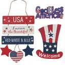 vivimemo 4th of July Wreaths Patriotic Wooden Hanging Signs, 3 Pcs USA Welcome Door Hangers with Star Heart, Red White Blue Independence Day Decor for Home Front Door Porch Party Memorial Day