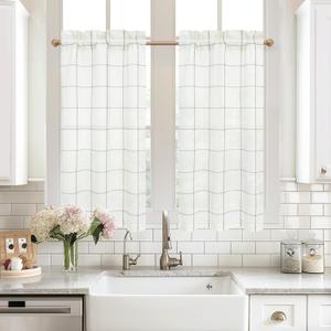 DriftAway Kitchen Curtains Striped Tier Linen Short Curtains Windowpane Plaid Cafe 45 Inch Length for Living Room Bathroom Chris Farmhouse Rustic Rod Pocket 2 Panels Gray (Grey)