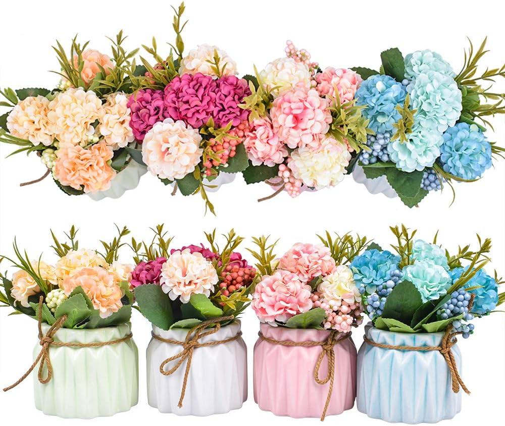 Artificial Flower Plants Mini Fake Hydrangea Flowers in Pot for Home Decor Party Wedding Office Patio Table Desk Decoration, Set of 4, Size: 3.3''(Diameter) x 5.5''(Tall)