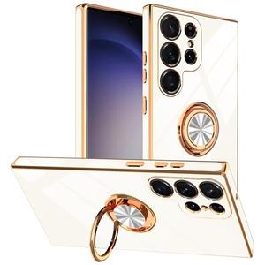 Tnarru Designed for Samsung Galaxy S23 Ultra Case with Ring Stand, Support Magnetic Car Mount Rotating Finger Holder Soft TPU Cover Plating Edge Slim Phone Case for Galaxy S23 Ultra White