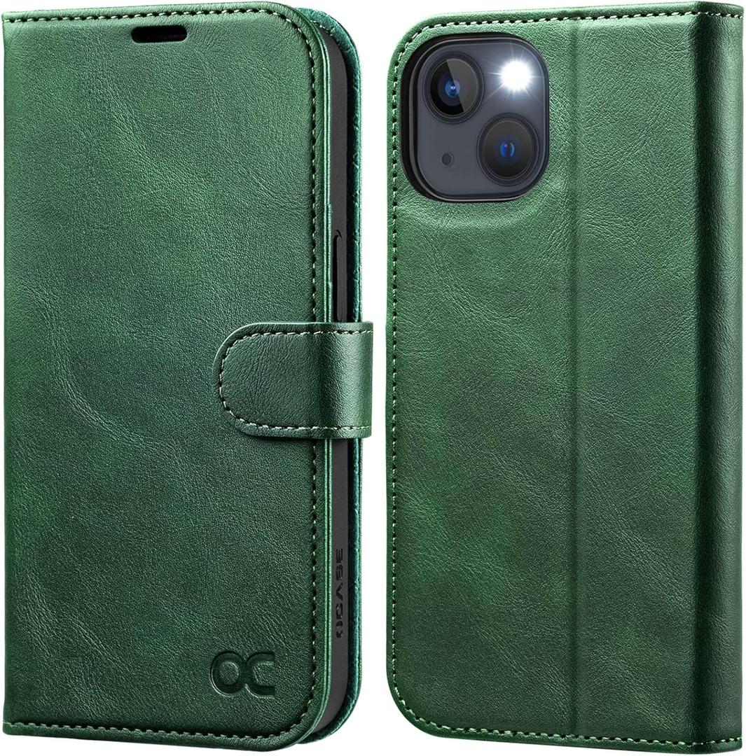 OCASE Compatible with iPhone 13 Wallet Case, PU Leather Flip Folio Case with Card Holders RFID Blocking Kickstand [Shockproof TPU Inner Shell] Phone Cover 6.1 Inch 2021 (Blackish Green)