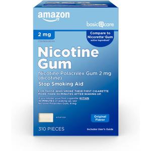 Amazon Basic Care Uncoated Nicotine Polacrilex Gum 2 mg, Original Flavor, Stop Smoking Aid, 310 Count BBD: 03/2027