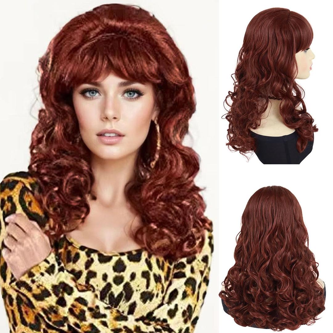 GNIMEGIL Charming Wavy Synthetic Wigs In Burgundy Color Stylish Hairpiece Long Curly Peggy Bundy Wig With Bangs Vintage Hairstyles Halloween Costume For Women