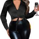 SOLY HUX Women's Satin Crop Blouse Collared V Neck Long Sleeve Shirts Sexy Cropped Tops (Medium, Plain Black)