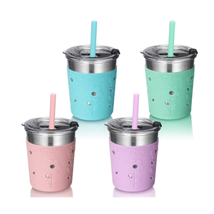 Tiblue Kids & Toddler Cups, Spill Proof Stainless Steel Smoothie Tumblers with Leak Proof Lids, Silicone Straw with Stopper & Sleeve, BPA FREE Snack Cup for Baby Girls Boys(4 Pack, 8oz Multicolor)