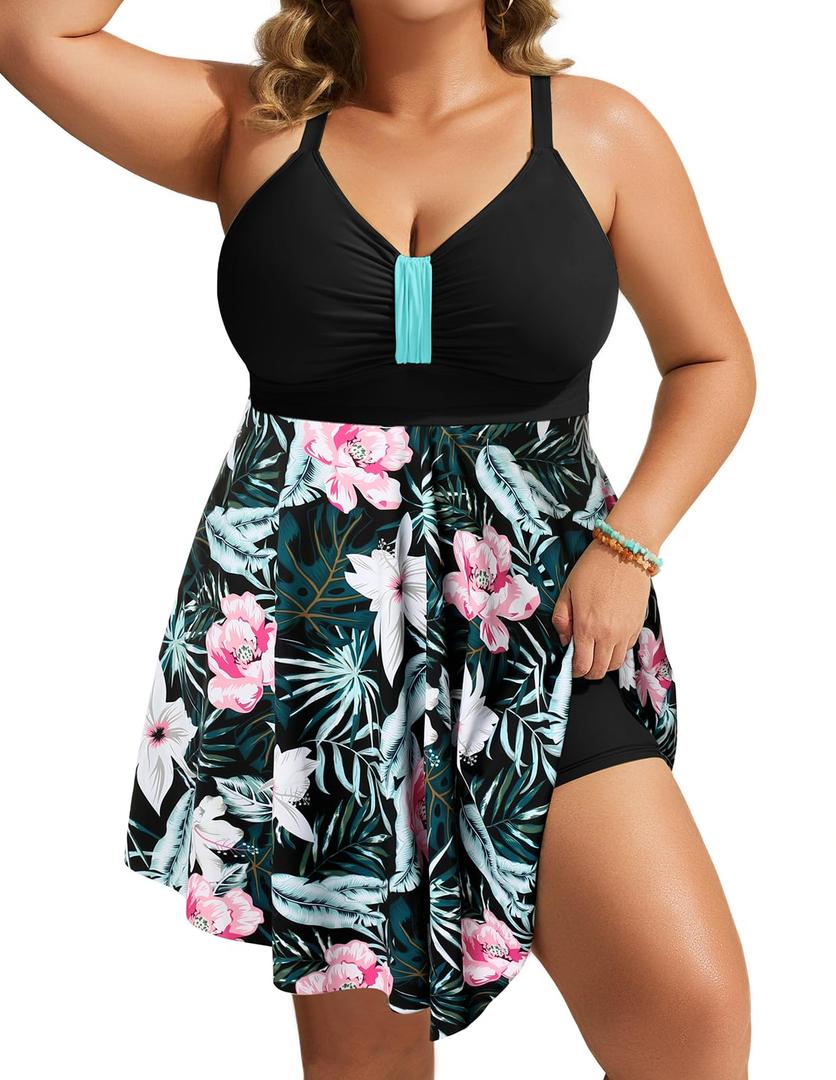 Hanna Nikole Women's Plus Size Swim Dress Swimsuit One Piece Tummy Control Bathing Suit Flowy Body Shaping Swimwear 22W