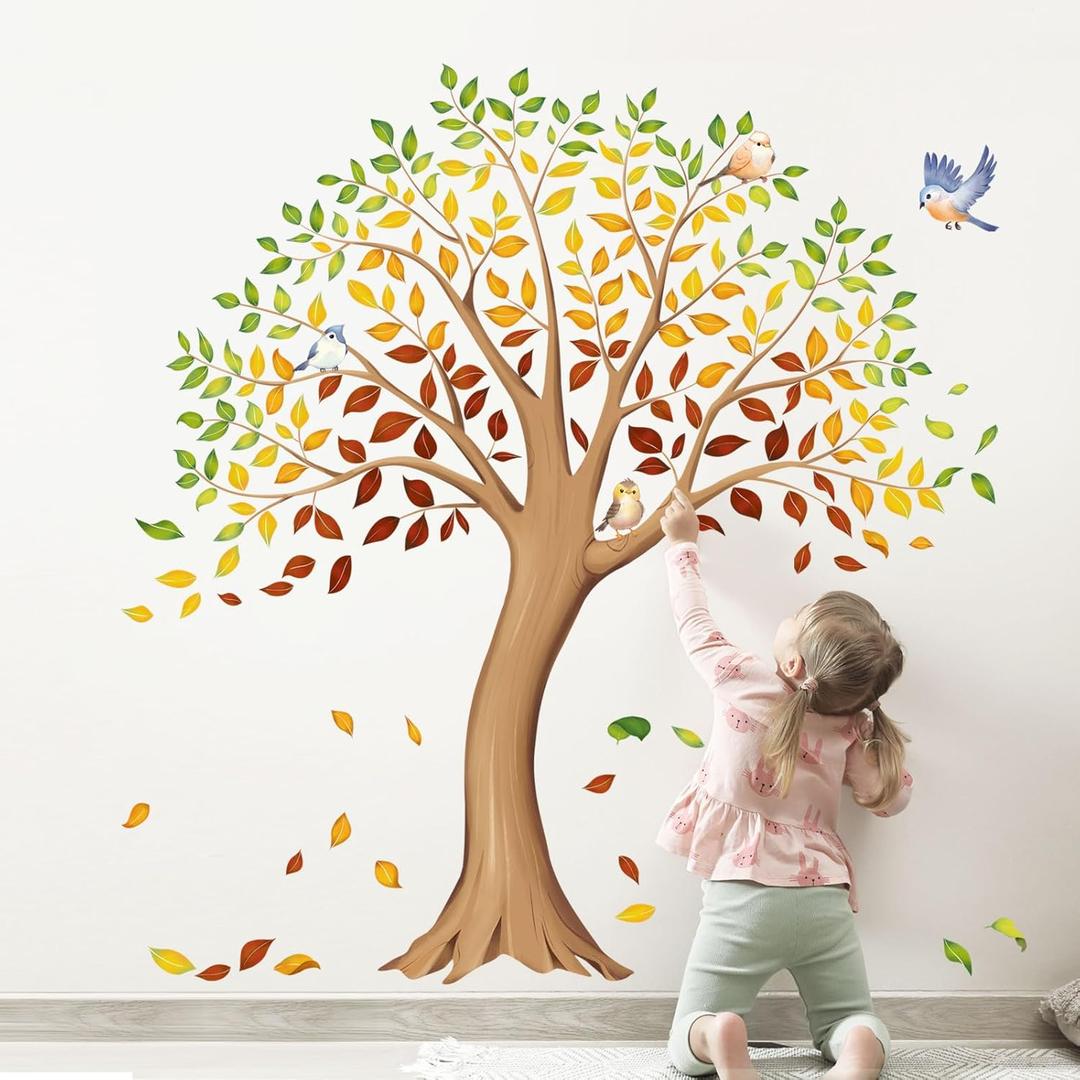 Colorful Large Fall Tree Wall Decals Autumn Tree Leaves Wall Stickers Peel and Stick Wall Art Decor for Kids Bedroom Baby Nursery Living Room Decor
