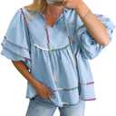 Cicy Bell Womens Summer Babydoll Tops V Neck Short Lantern Sleeve Shirts Cute Loose Fit Peplum Flowy Blouses (Blue, L)