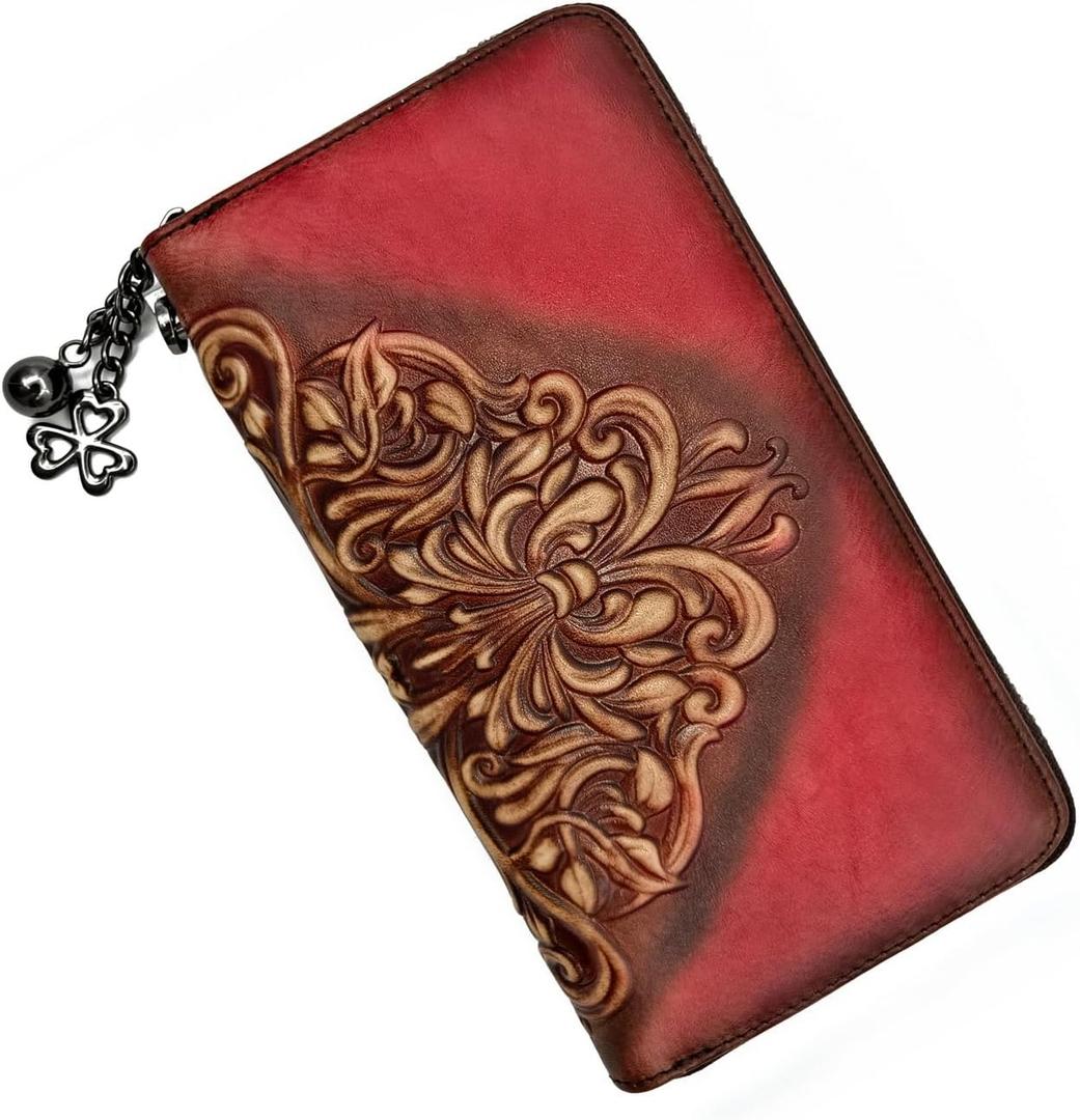 Wallet Genuine Leather for Women - with RFID Blocking Card checkbook ID Slot Large Capacity Vintage style (Floral Red)