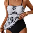 Dokotoo Women's Boho Floral Tankini Set Tummy Control Two Piece Swimsuits Flowy Vintage Beachwear (Large, Black)