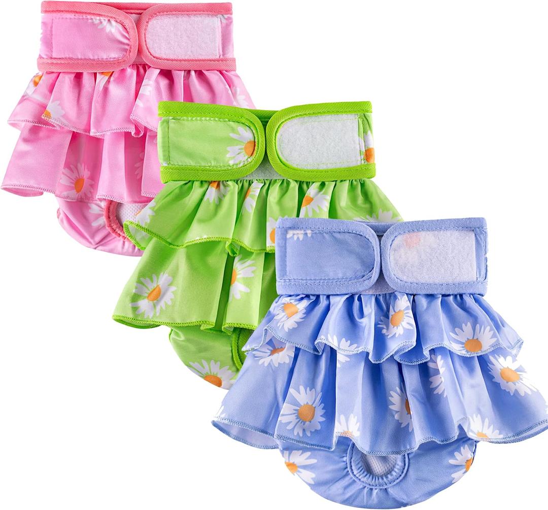 Washable Female Dog Diapers, Durable Pet Skirt for Dog Dress, Reusable Pet Diapers and Puppies Dogs Heat Panties for Girl Dogs Menstrual Periods (X-Small, 3 Packs) (Pink Green Blue)