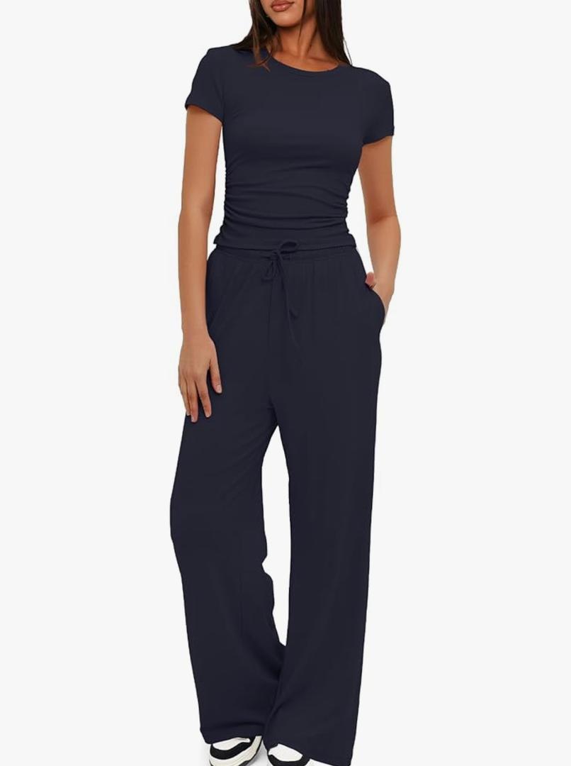 Darong Women's 2 Piece Set Outfits Lounge Sets Ruched Short Sleeve Tops High Waisted Wide Leg Pants Tracksuit Sets S