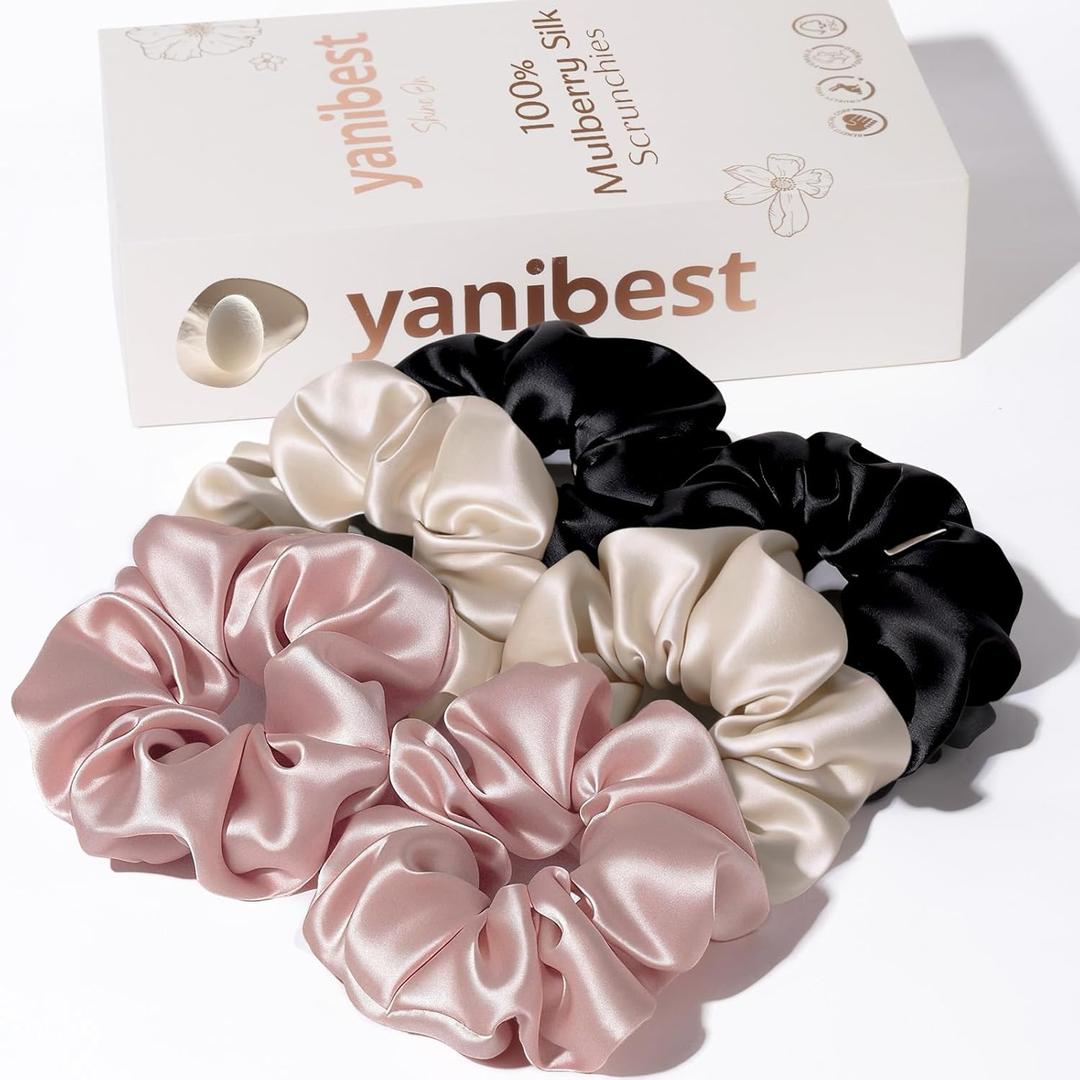Yanibest 100% Mulberry Silk Scrunchies for Hair Care, No Damage Silk Hair Ties for Women and Girls 6 pcs, Classic