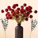 RyddeligHome Faux Red Flowers Artificial 10 Long Stems + Eucalyptus, Burgundy Colored Silk Mum Flowers for Decor, Fall Table Centerpieces, Dark Red Faux Mums