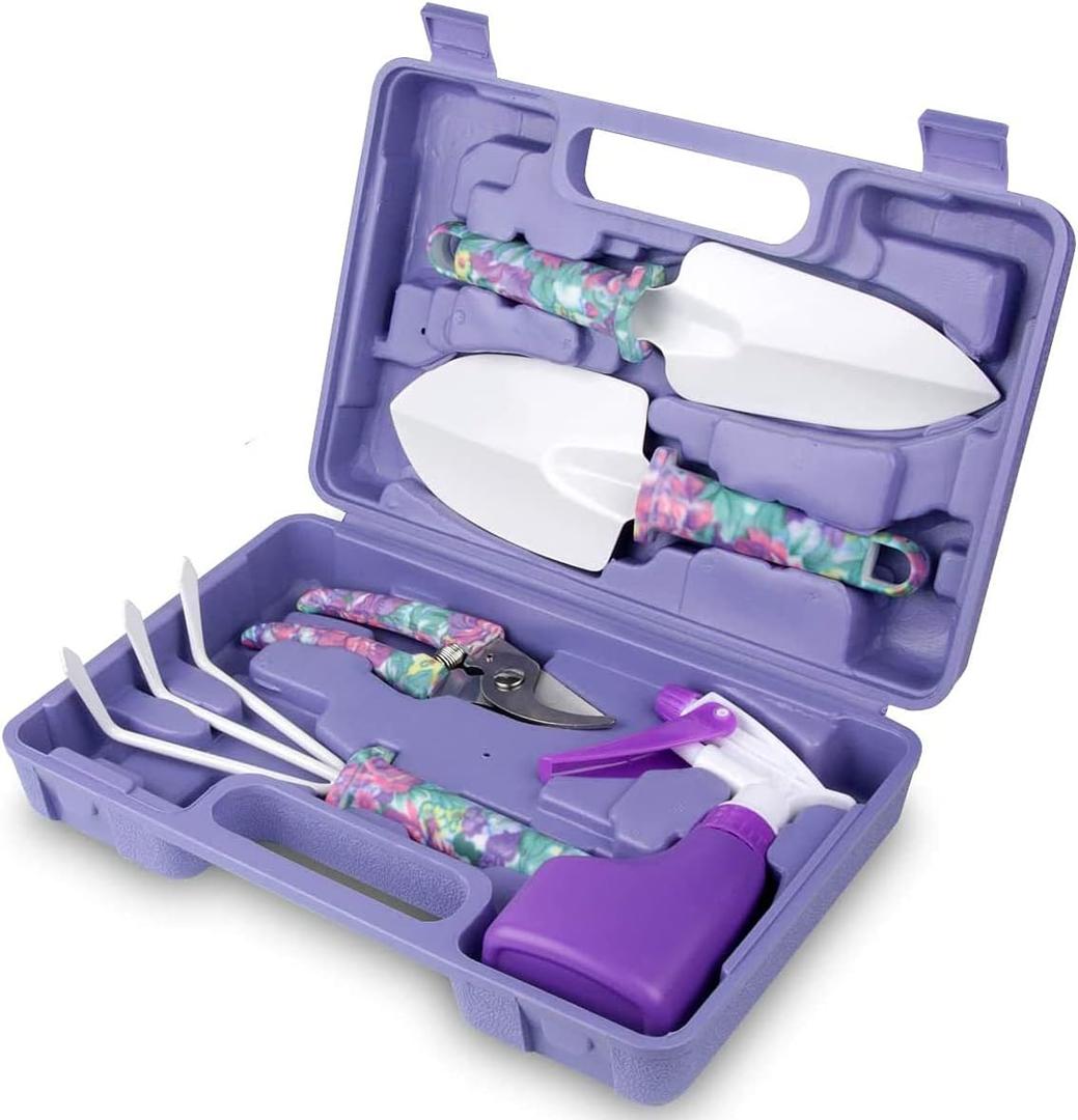 Gardening Tools,5 Pieces Garden Tools with Floral Print, Ergonomic Handle Trowel Rake Weeder Pruner Shears Sprayer,Gardening Supplies with Carrying Case Gifts for Women