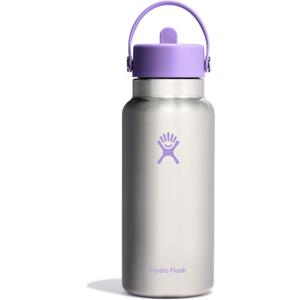 Hydro Flask Water Bottle - Insulated Stainless Steel - Wide Mouth Flex Straw Lid, Non Spill, Leakproof and Refillable in 32 Oz Stainless Steel Violet