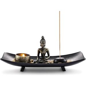 Jovivi Zen Garden Set Buddha Statue w/Tealight Candle Holder, Rocks & Incense Burner Holder & Wood Tray for Yoga Meditation Home Table Decor Gift