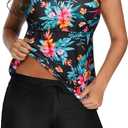 Tempt Me Two Piece Tankini Swimsuits for Women Tummy Control Bathing Suit with Shorts Athletic Two Side Pockets Swimwear (X-Large, Black Floral)