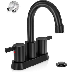 Phiestina 4 Inch 2 Handle Centerset Matte Black Lead-Free Modern Bathroom Faucet, 360 Swivel Spout 2-3 Hole RV Bathroom Vanity Sink Faucet with Pop Up Drain and Water Supply Lines,BF015-1-MB