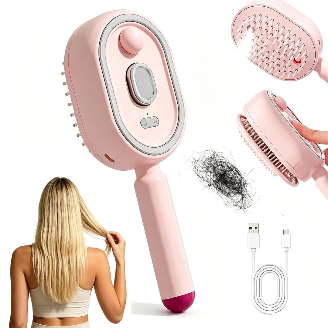 New Electric Mist Air Cushion Massage Brush, 5-in-1 Anti-Tangle Hair Comb for Dry Frizzy Hair, Self-Cleaning Shine Boost Hair Care Brush for Ladies (Pink)