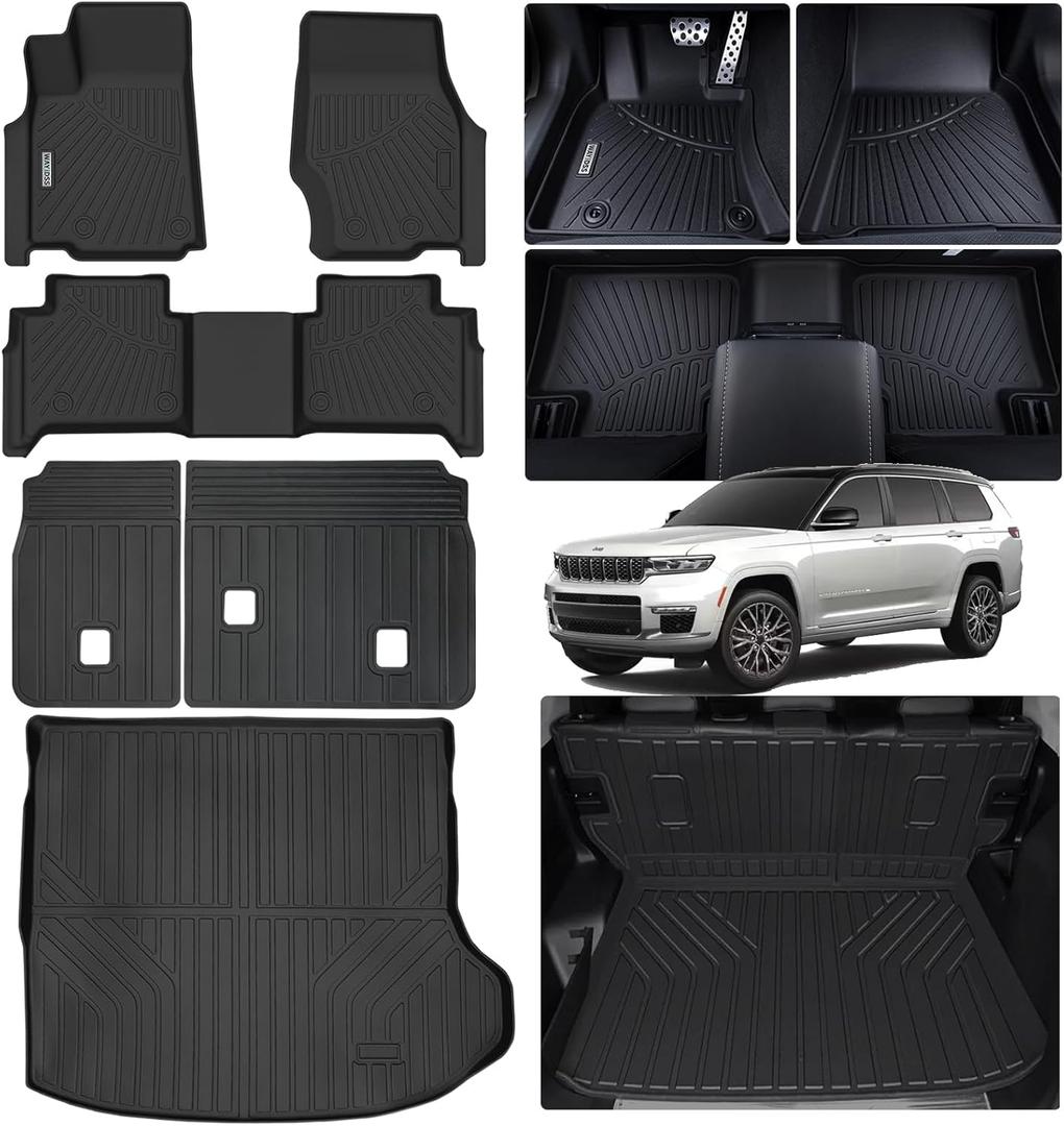 Floor Mats & Trunk Mat & Backrest Mat for 2022-2024 2025 Jeep Grand Cherokee 5 Seats(Non L or WK),TPE All Weather Protection Car Floor Liners with Cargo Liners Covering The Backrest (2022-25 Grand Cherokee 5 Seats)