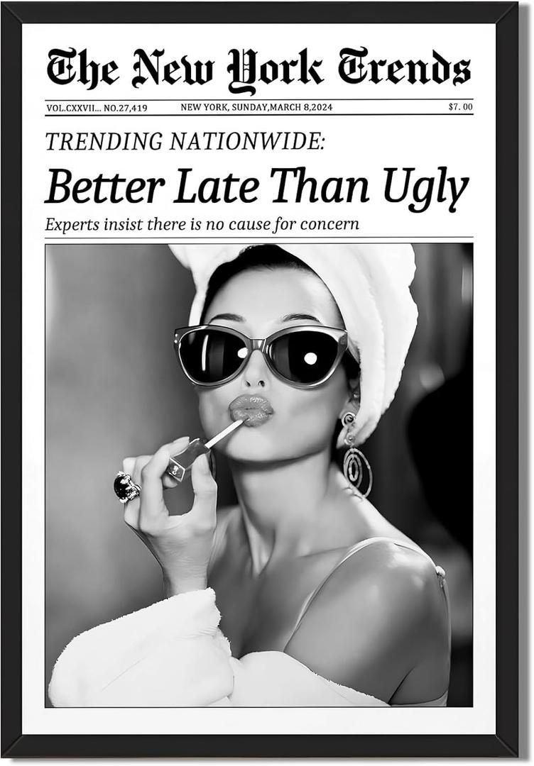Framed Better Late Than Ugly Wall Decor Newspaper Audrey Hepburn Wall Art | Vintage Black and White Fashion Poster Chic New York Trends Glam Quote Canvas Print for Bedroom Bathroom Dorm 24x36inch