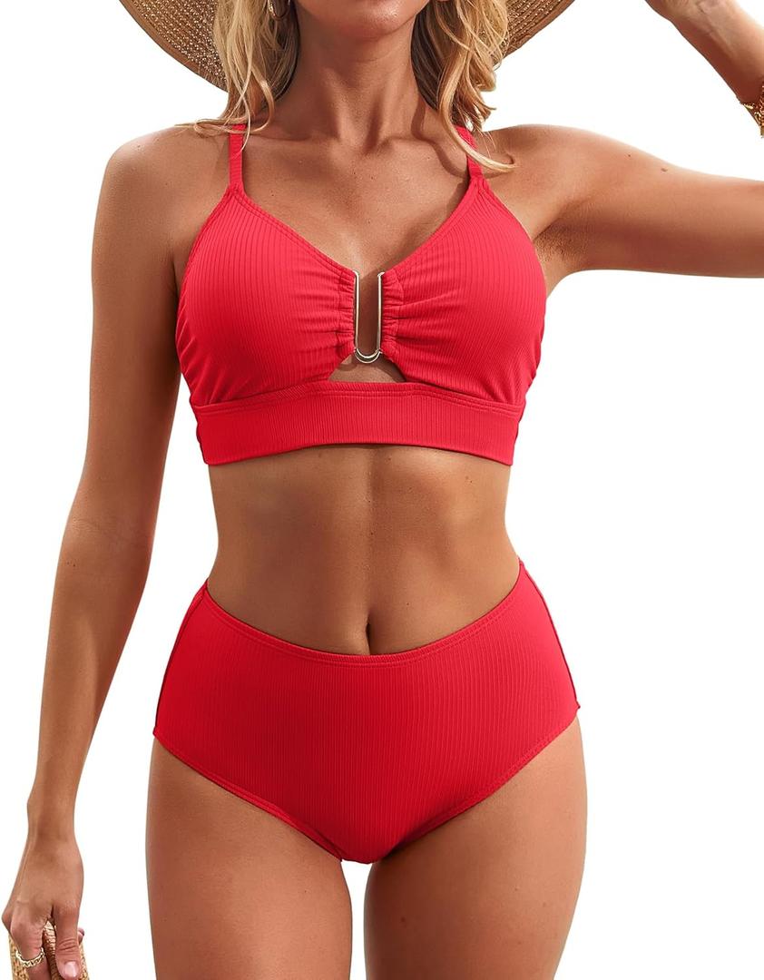 Charmo Push up Ribbed High Rise Bikini Sets Women Large Bust Longline Modest Bikini Swimsuits 2 Piece Red, Large