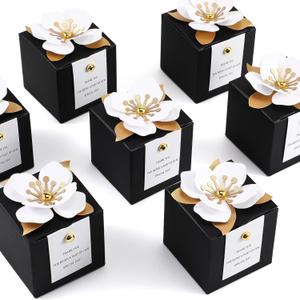 Affrolling 50 Pcs Wedding Favor Boxes with Thanks Card Square Flower Candy Boxes Paper Bridal Gift Box for Guests Wedding Bridal Shower Birthday Party Anniversary(Black)