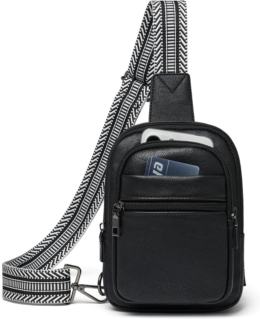 3L SMALL Sling Bag Fanny Packs For Women Men Mini Crossbody Chest Belt Travel Bag Purse Handbag Faux Leather Fashion Cute (Black)